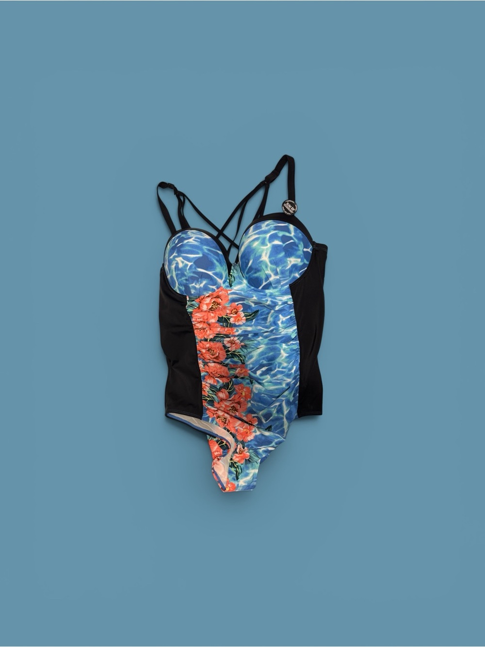torrid Black and Blue Floral One-Piece Swimsuit with Coral Accents